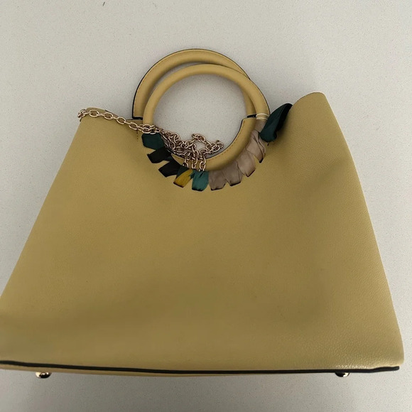 Handbags - Faux Leather Yellow Top Handle w/ Gold Plated Crossbody Chain